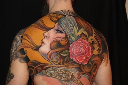 tattoo backpiece by artist Jeff Gogue art nouveau style