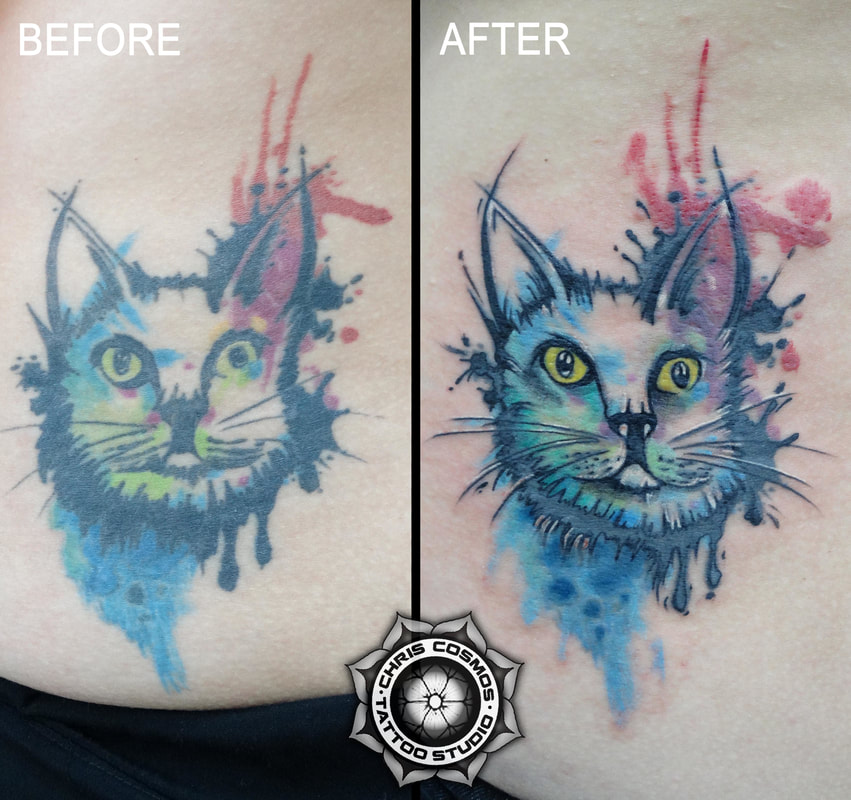 cat tattoo watercolor cover before after