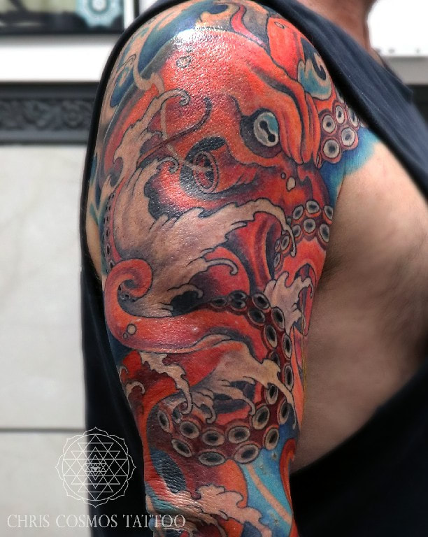 tattoo octopus sleeve color neotraditional japanese chris cosmos limassol cyprus