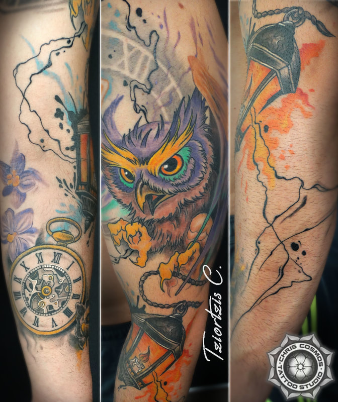 owl tattoo abstract watercolor sleeve lantern