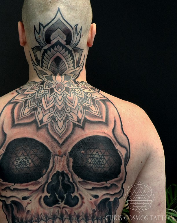 tattoo skull geometric backpiece sacred mandala chris cosmos limassol cyprus