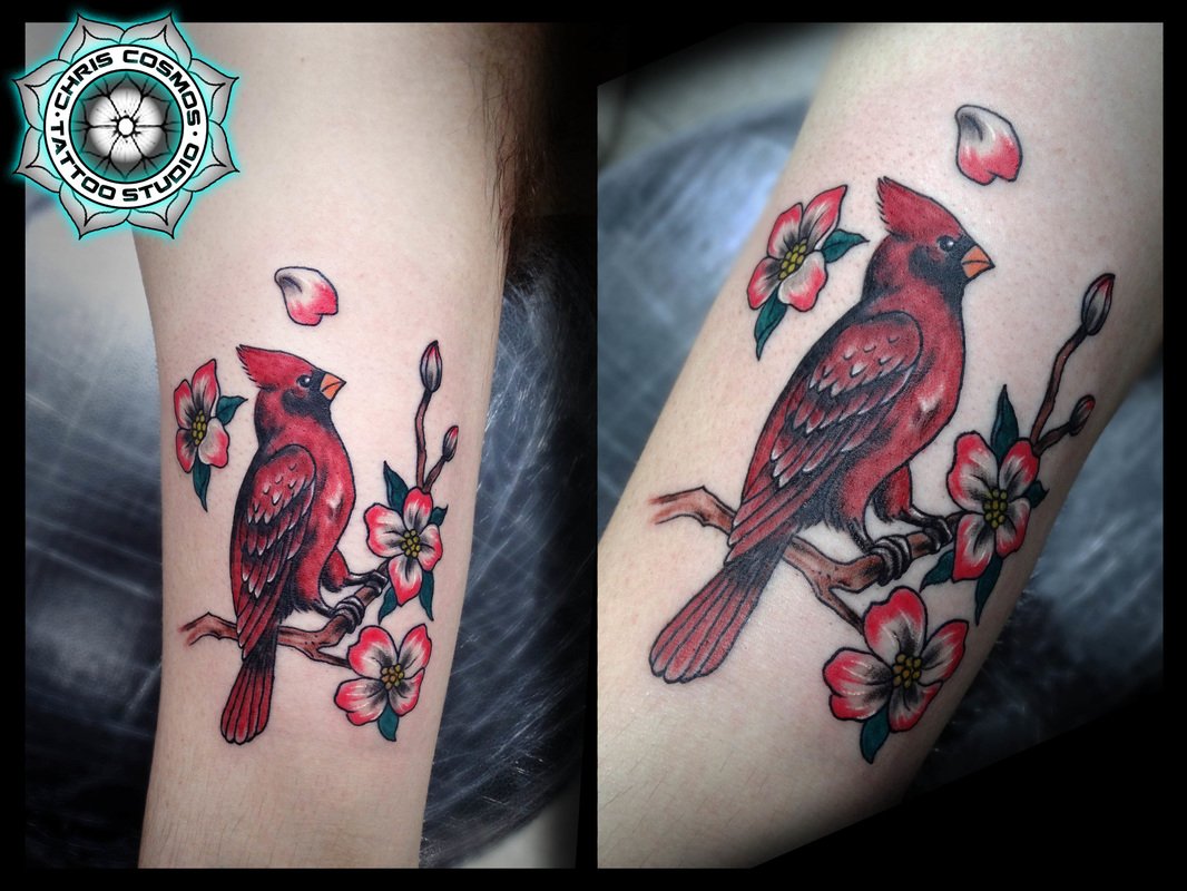 tattoo cardinal red dogwood flower tziortzis studio chris cosmos cyprus