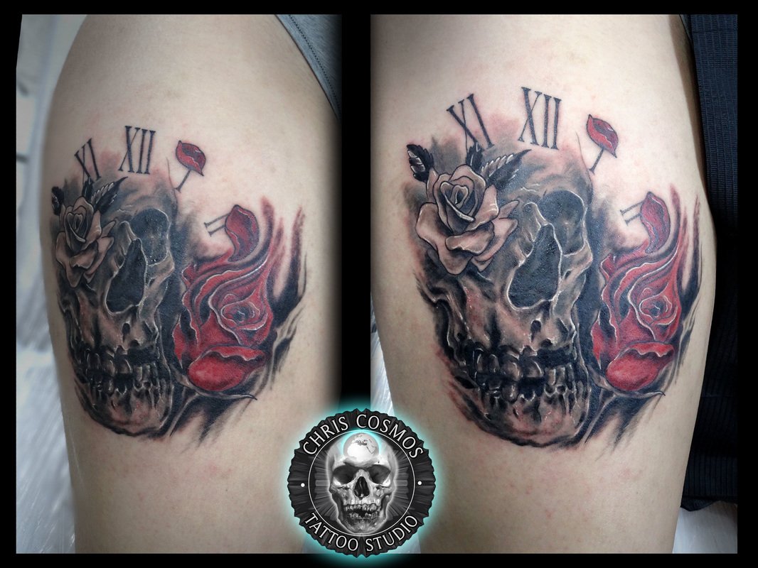 tattoo skull realism rose red chris cosmos cyprus limassol tziortzis studio