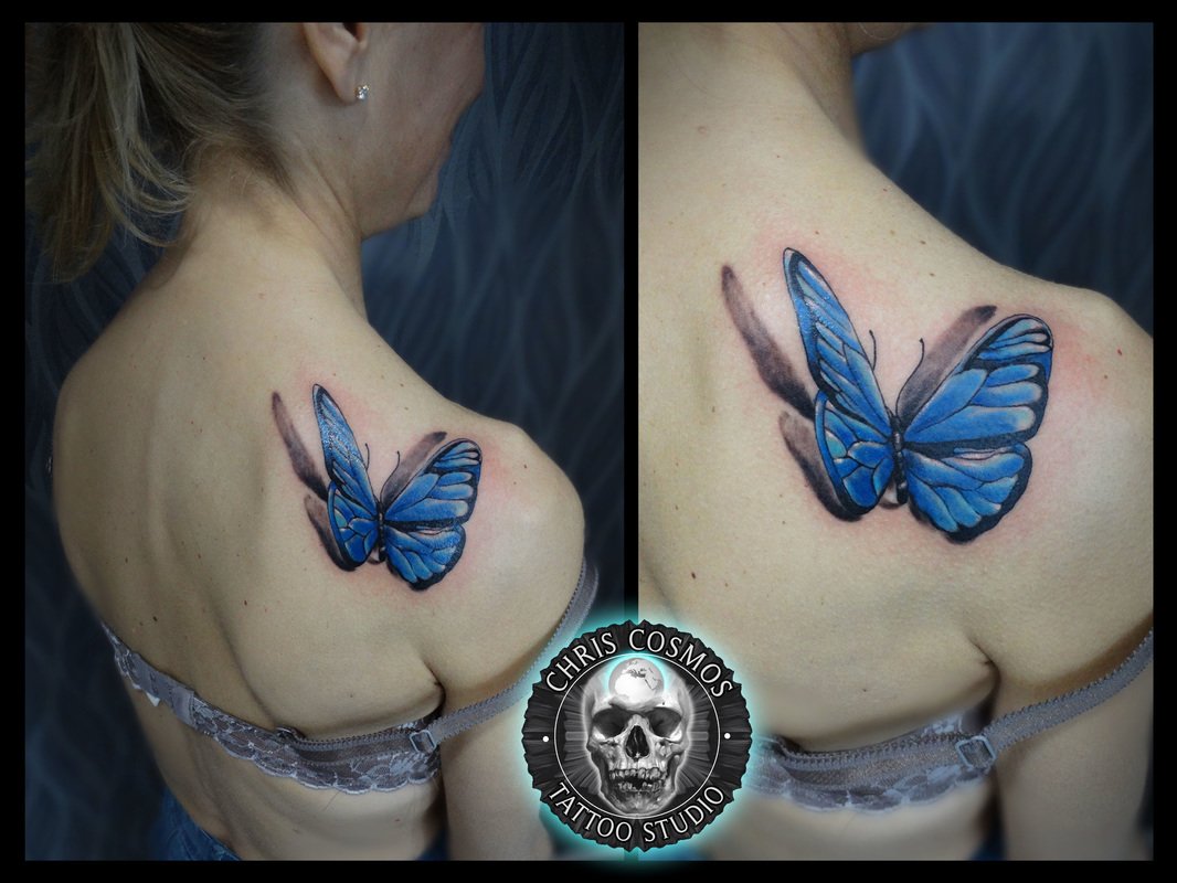 tattoo butterfly realism 3d blue color chris cosmos cyprus limassol tziortzis