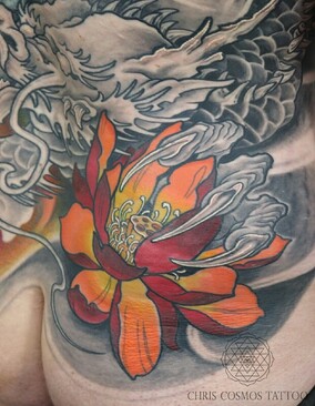 tattoo irezumi japanese backpiece lotus flower neotraditional battle royal dragon chris cosmos limassol cyprus