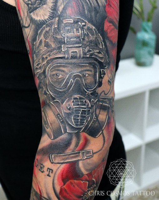 gas mask soldier tattoo british military chris cosmos