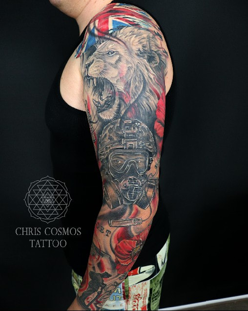 sleeve tattoo military british soldier chris cosmos realism color