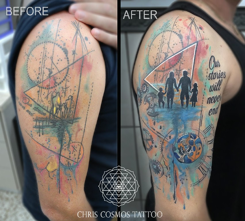 tattoo cover family watercolor time clock story chris cosmos limassol cyprus