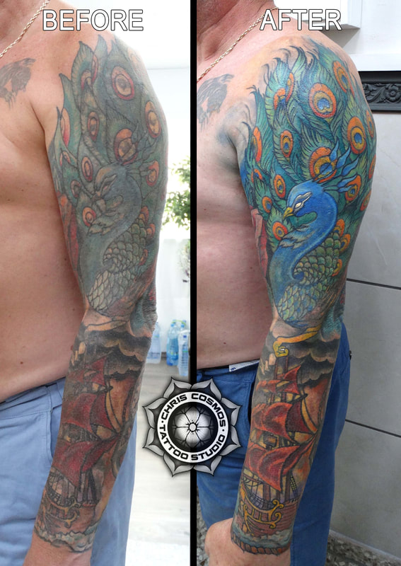 cover tattoo peacock sleeve