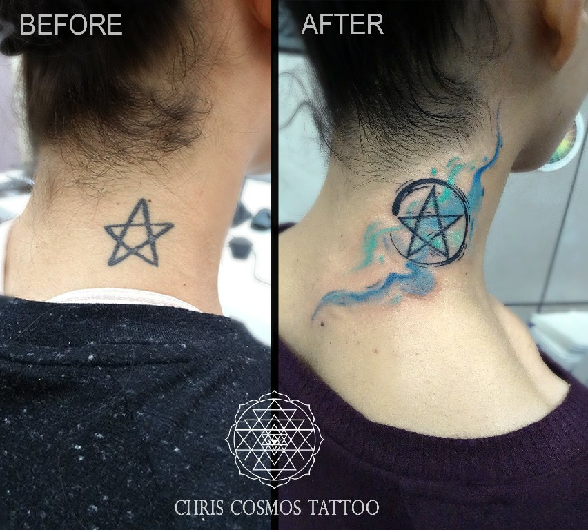 tattoo cover star watercolor blue pentacle turquoise enso wicca chris cosmos limassol cyprus