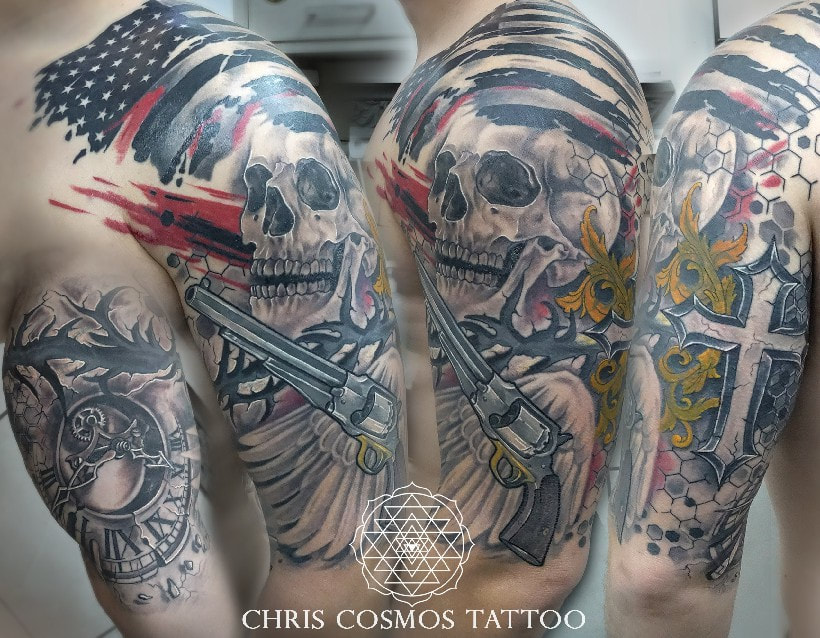 skull pistol gun clock tattoo custom art cover chris cosmos