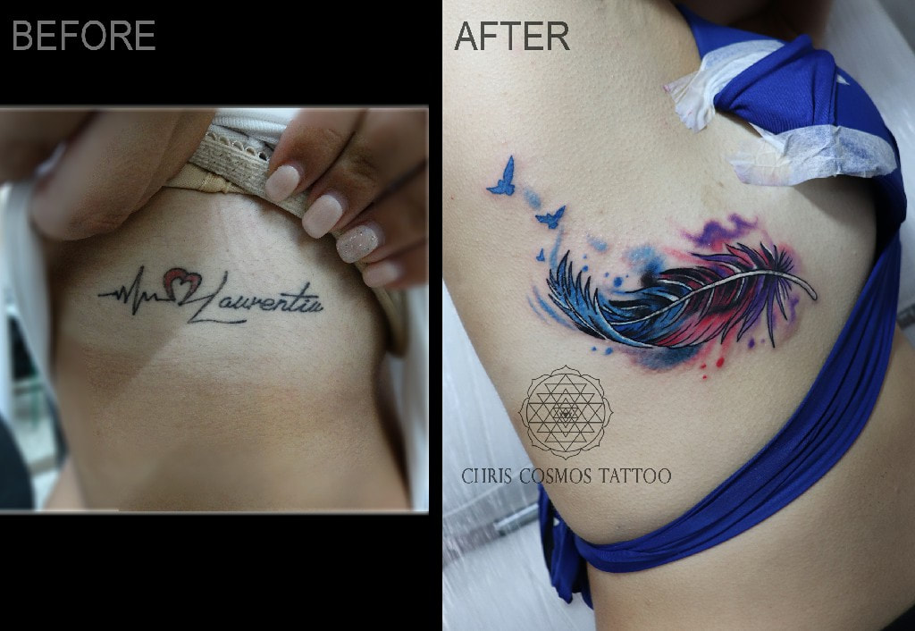 tattoo feather cover watercolor color chris cosmos limassol cyprus