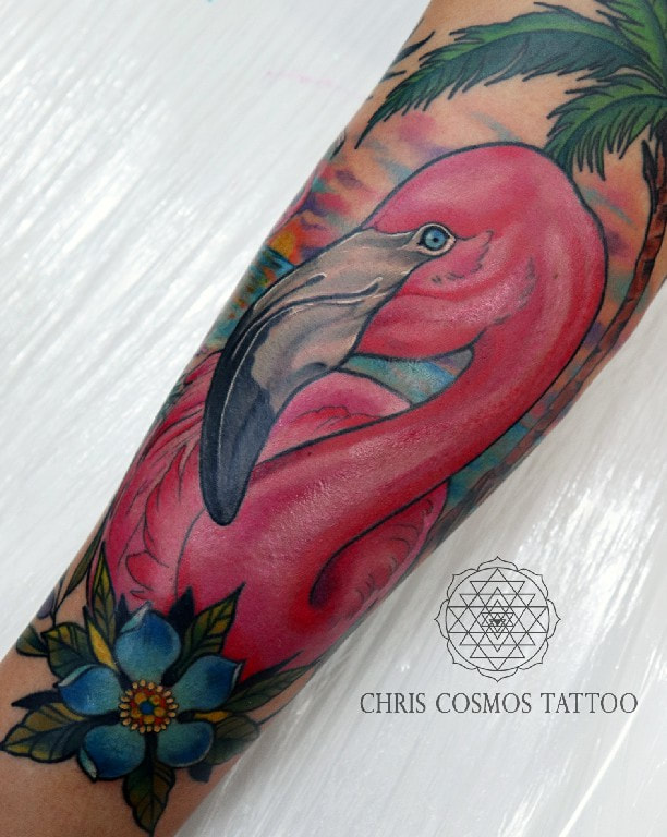 tattoo flamingo neotraditional chris cosmos usa uk