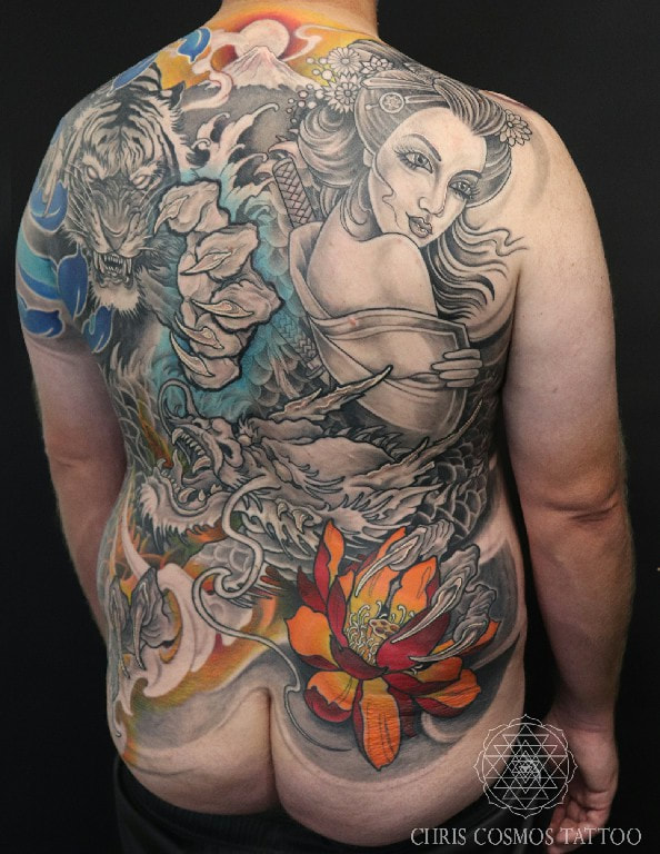 tattoo irezumi japanese backpiece neotraditional battle royal dragon tiger geisha chris cosmos limassol cyprus