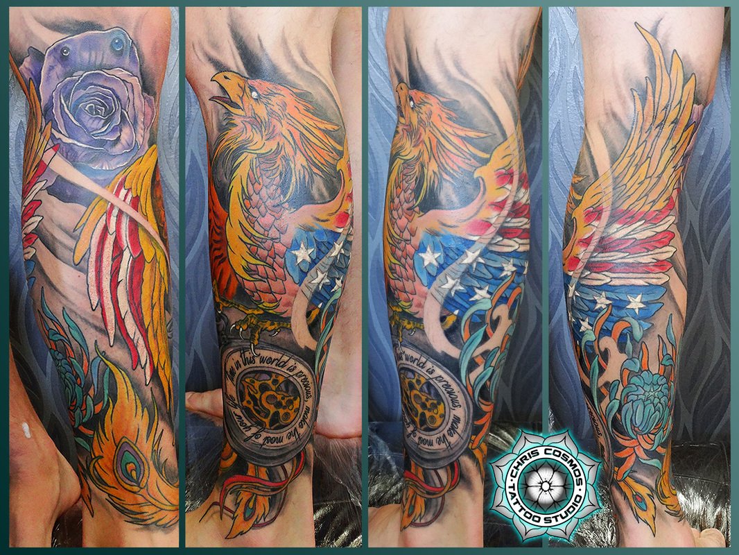 tattoo japanese leg sleeve phoenix rose clock chrysanthemum american flag tziortzis studio chris cosmos cyprus