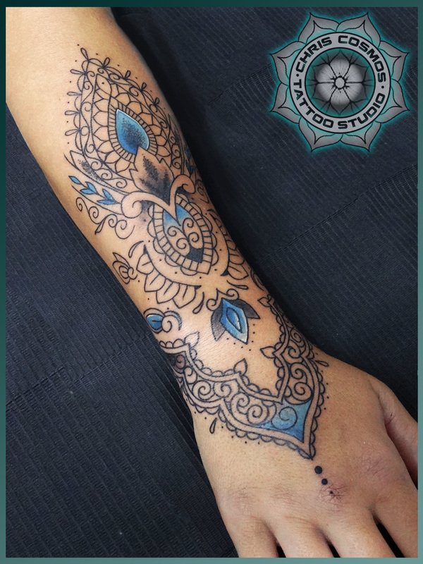 tattoo lace tattoo mandala hand blue realism tziortzis studio chris cosmos cyprus