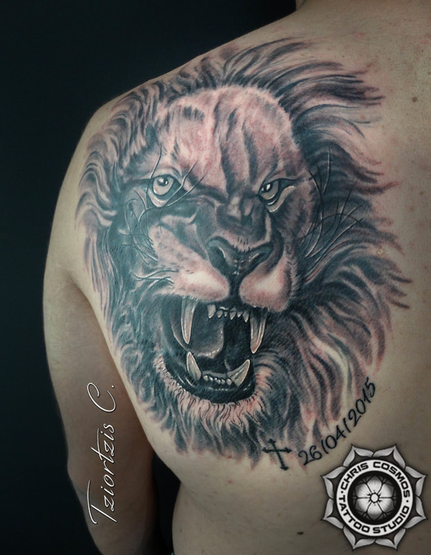 lion back tattoo realistic roar tziortzis