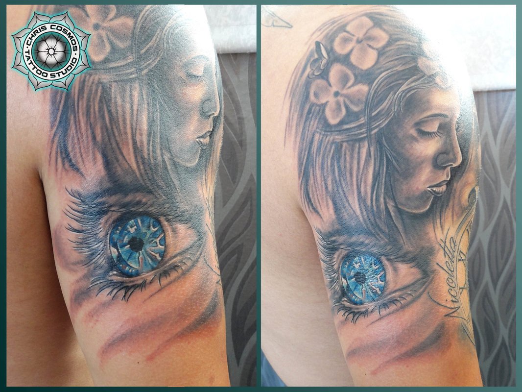 tattoo portrait face woman eye 3d blue realism tziortzis studio chris cosmos cyprus