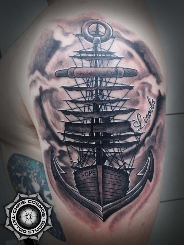 ship moon anchor tattoo