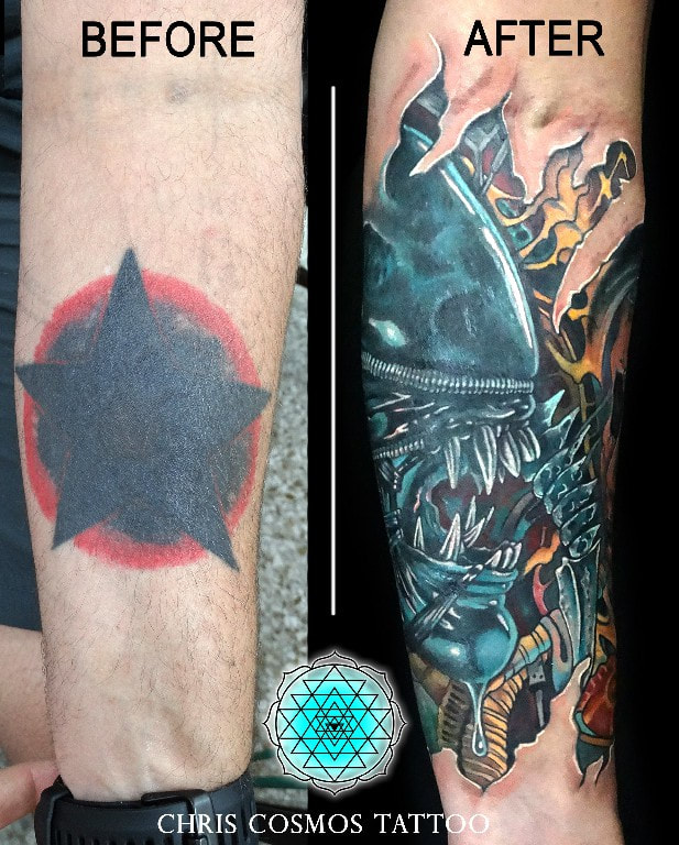 xenomorph tattoo cover by Chris Cosmos